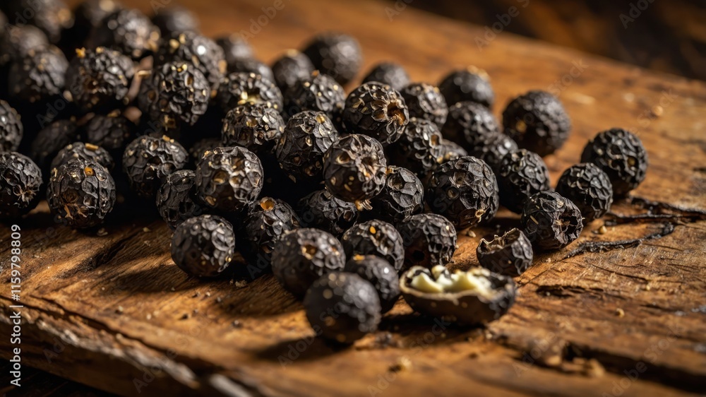 A close-up of dark, textured seeds scattered on a wooden surface. A close-up of dark, textured seeds scattered on a wooden surface.