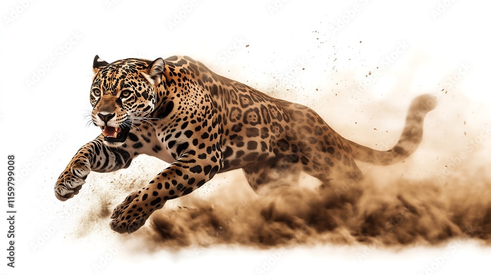 Obraz premium A powerful jaguar sprinting through a cloud of dust with intense focus and energy.