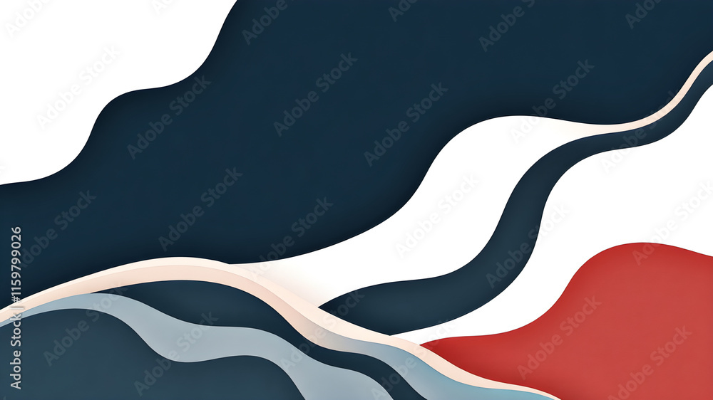 Flowing wavy shapes in soft white, muted navy blue, and dusty crimson, accented with subtle charcoal black for a balanced and serene Korean-inspired design Flowing wavy shapes in soft white, muted navy blue, and dusty crimson, accented with subtle charcoal black for a balanced and serene Korean-inspired design