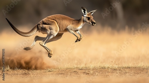 A majestic kangaroo gracefully leaps through golden grassland. photo