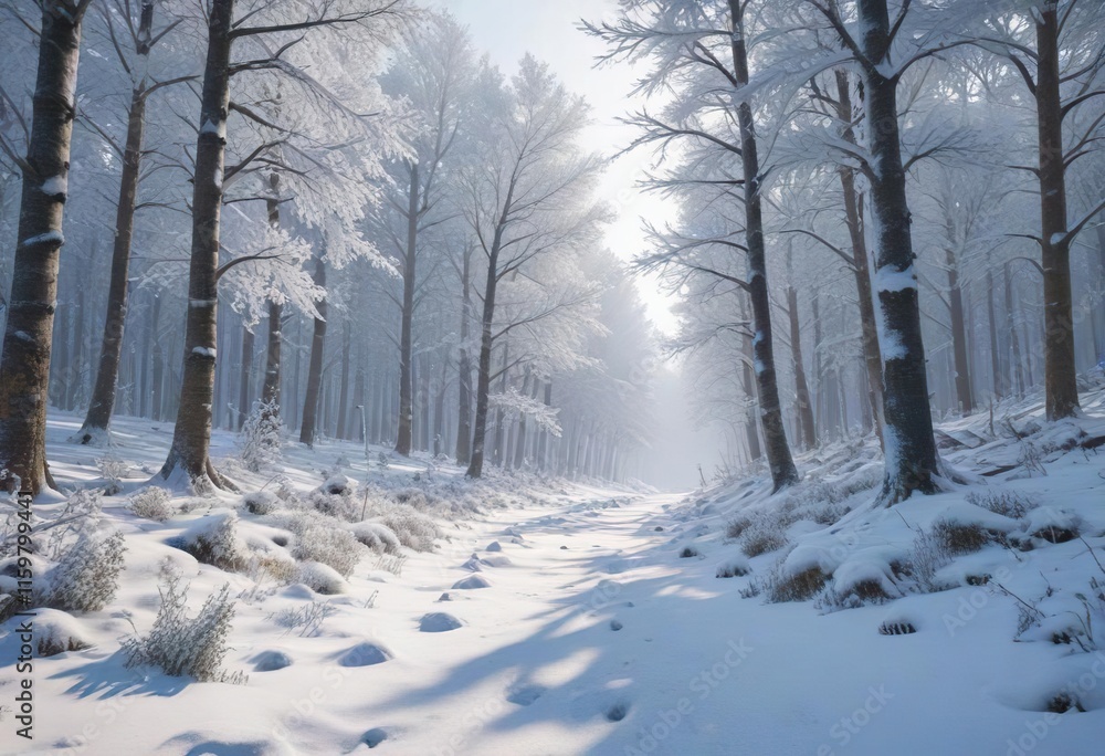 Forest border with deep snow and frosty trees, forest border, frosty trees, winter landscape Forest border with deep snow and frosty trees, forest border, frosty trees, winter landscape