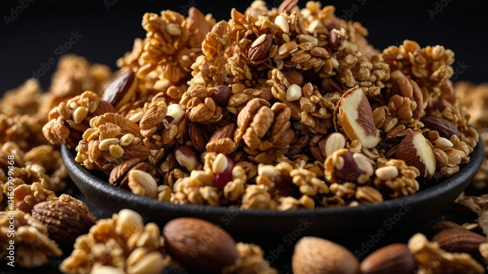 A close-up of a bowl filled with granola and assorted nuts on a dark background. A close-up of a bowl filled with granola and assorted nuts on a dark background.