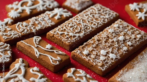 A variety of decorated gingerbread cookies on a festive red background. photo