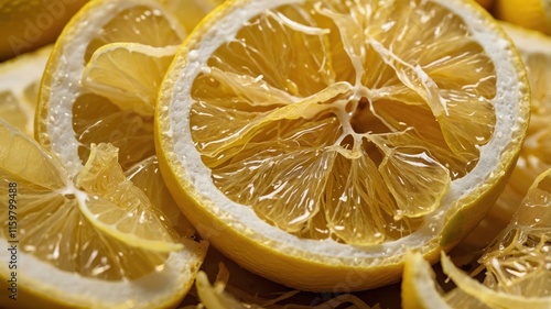 Close-up of sliced lemons showcasing their juicy, textured interior.