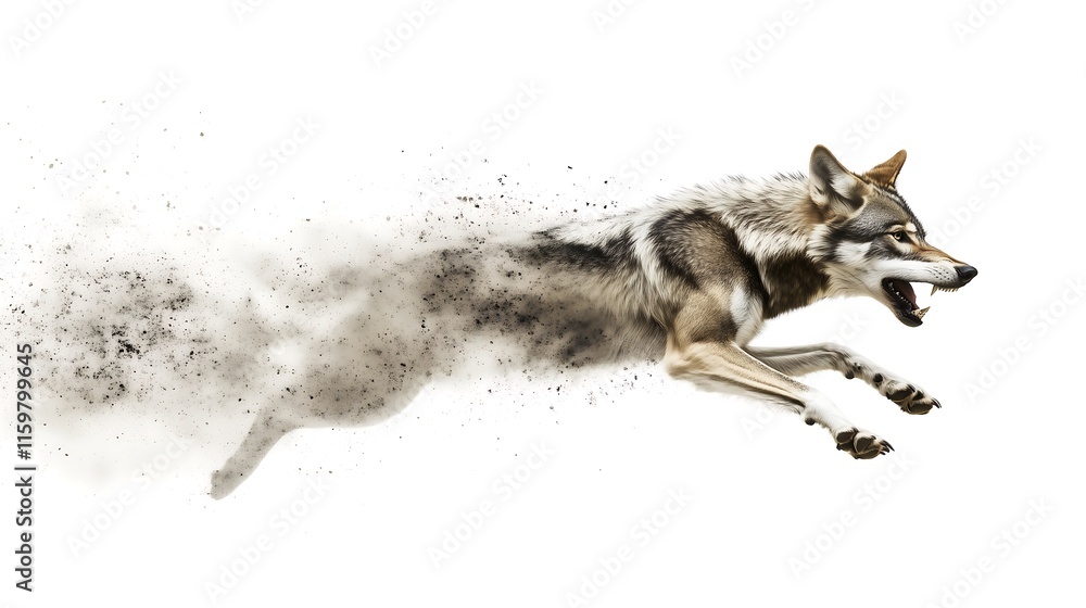 Fototapeta premium A fierce grey wolf leaping forward with a cloud of dust, showcasing its powerful agility and strength.