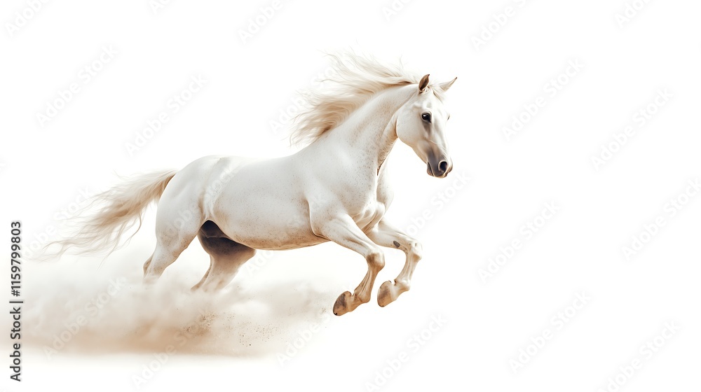 A magnificent white horse galloping gracefully through a cloud of dust.