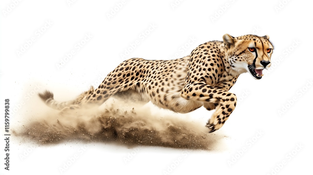 A powerful cheetah in mid-run, showcasing its speed and agility as it leaps through a cloud of dust. A powerful cheetah in mid-run, showcasing its speed and agility as it leaps through a cloud of dust.