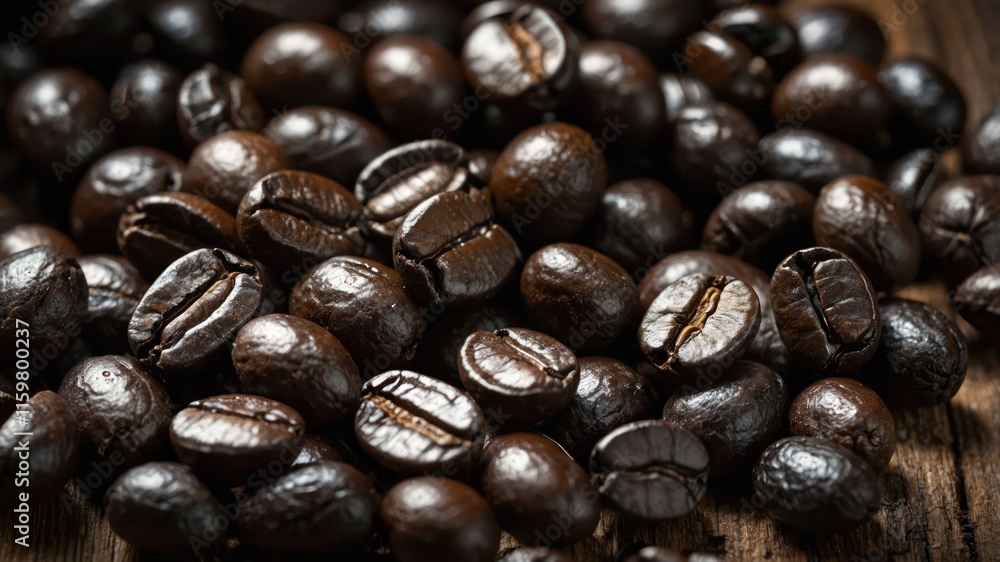 Close-up of roasted coffee beans on a wooden surface, highlighting their rich texture and color.