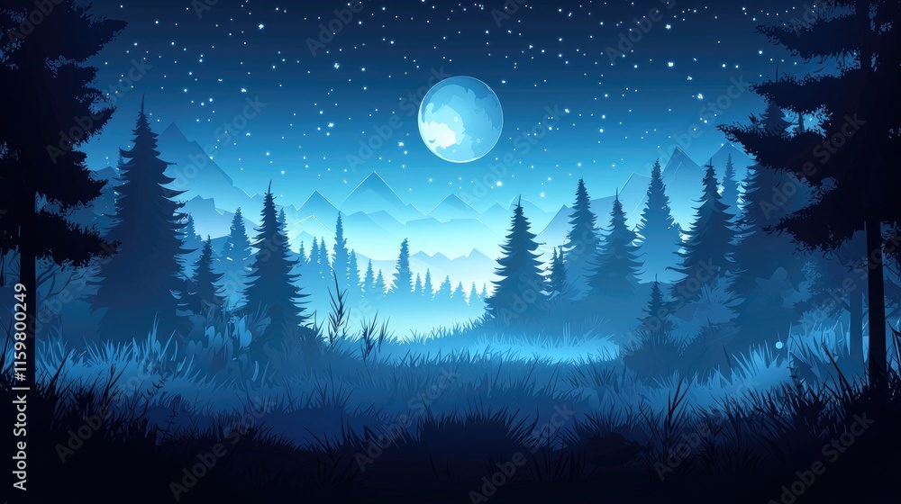 Fototapeta premium A Silhouetted Forest Under a Full Moon and Starry Sky
