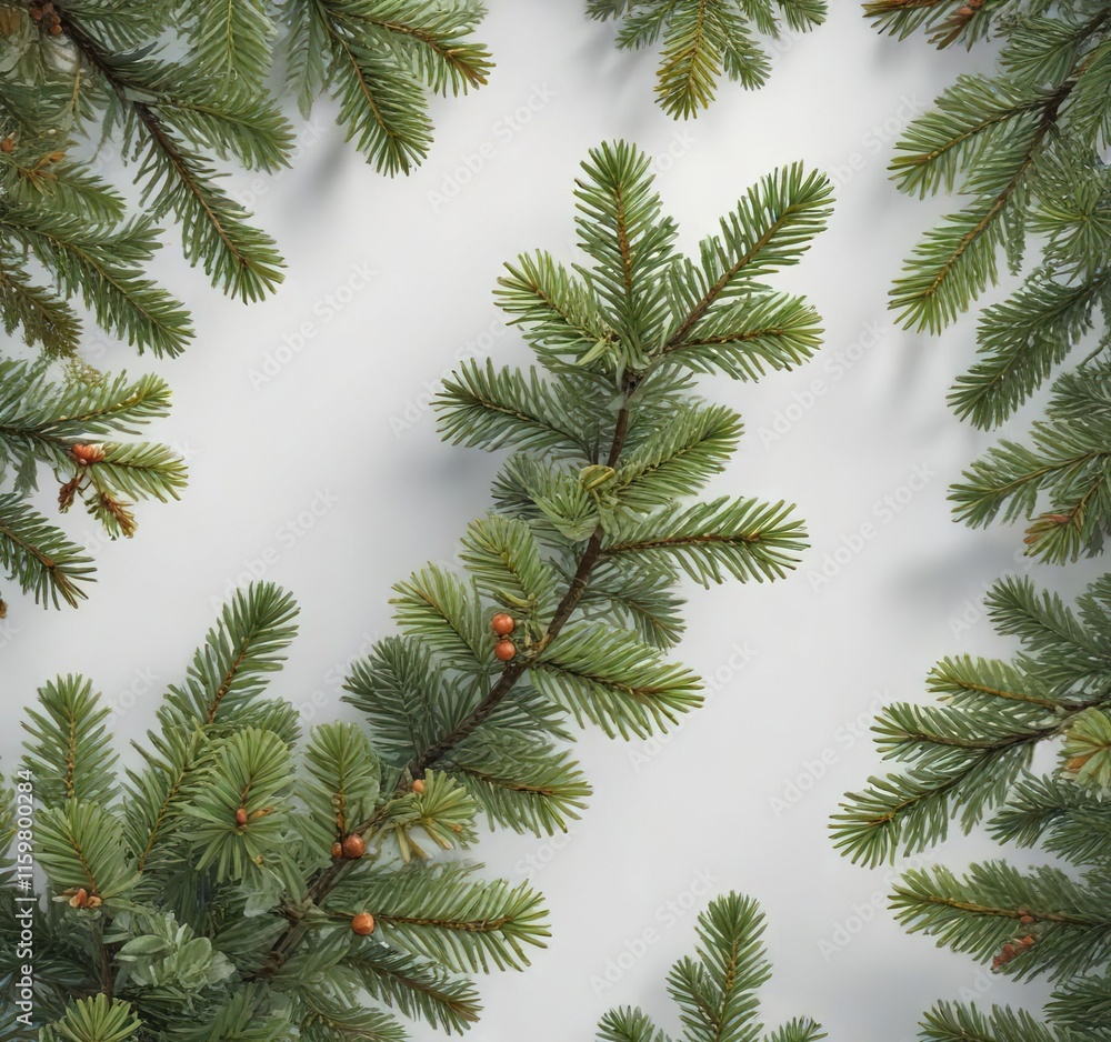 Fresh spruce branches arranged artfully on a plain white surface , minimalist christmas, neutral background, winter decor Fresh spruce branches arranged artfully on a plain white surface , minimalist christmas, neutral background, winter decor