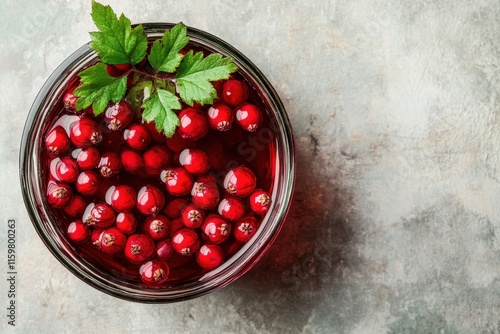 Crushing fresh hawthorn berries in red wine making a herbal remedy aerial view photo