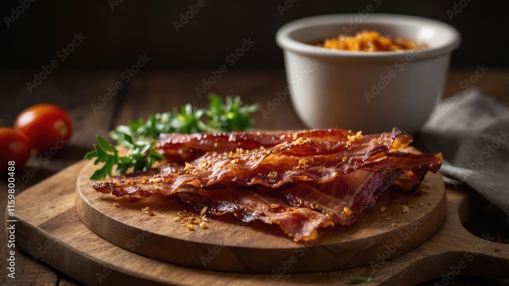 Crispy bacon strips on a wooden board with herbs and tomatoes, showcasing delicious food. Crispy bacon strips on a wooden board with herbs and tomatoes, showcasing delicious food.