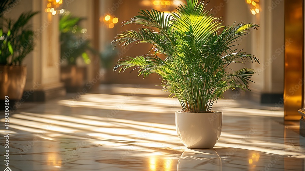 Fototapeta premium Sunlit Palm Plant in Elegant Hallway Pot
