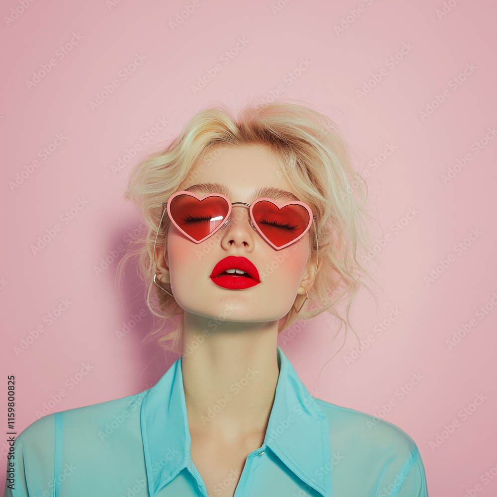 A close-up portrait of a young, beautiful girl with blond hair, wearing big fashionable sunglasses in the shape of hearts, showcasing a modern and authentic look.
A close-up portrait of a young, beautiful girl with blond hair, wearing big fashionable sunglasses in the shape of hearts, showcasing a modern and authentic look.