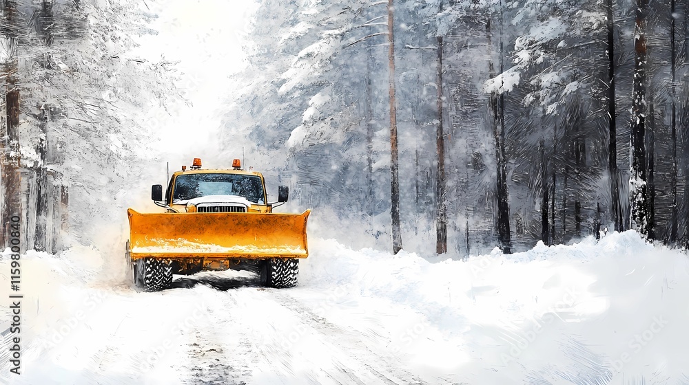 Modern snow-clearing truck in motion, pushing snow to the roadside, illustrated in a bold, graphic novel style Modern snow-clearing truck in motion, pushing snow to the roadside, illustrated in a bold, graphic novel style