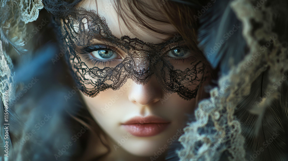 Fototapeta premium portrait of a beautiful woman through a black, lace carnival mask, her face framed by soft black feathers. portrait of a beautiful woman in a cabaret show