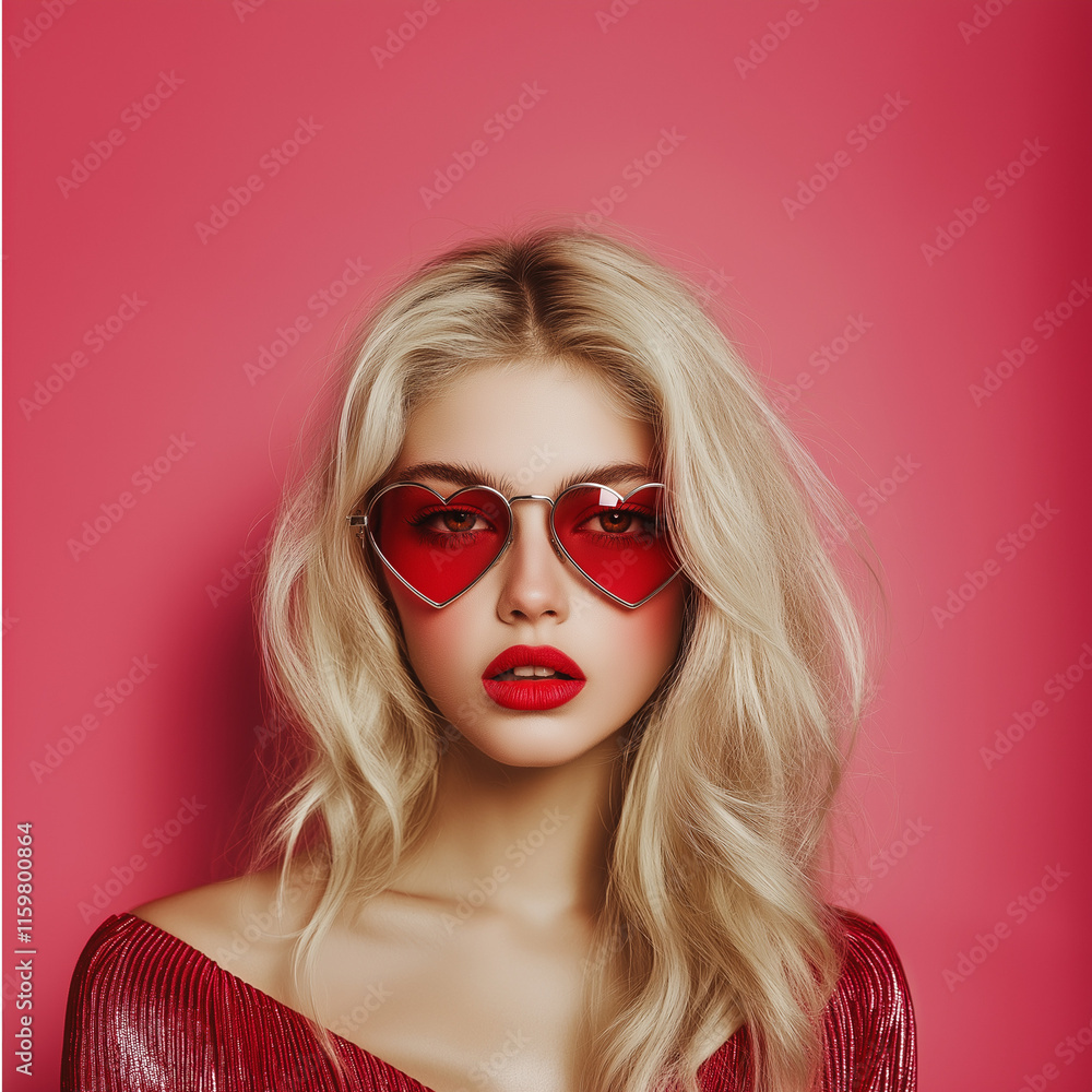 
A close-up portrait of a young, beautiful girl with blond hair, wearing big fashionable sunglasses in the shape of hearts, showcasing a modern and authentic look.
