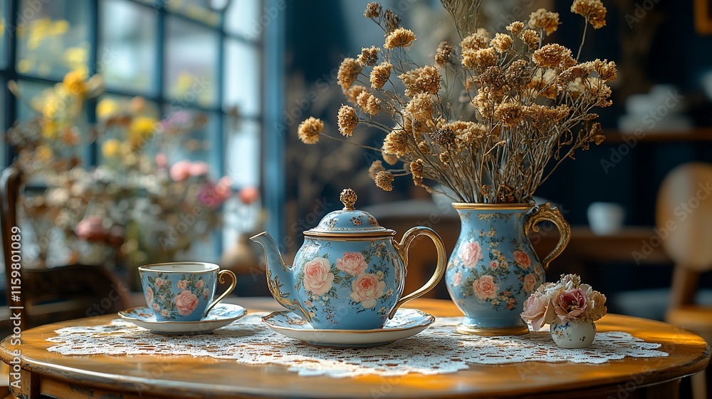 Fototapeta premium Elegant Tea Set with Floral Decor and Dried Flowers