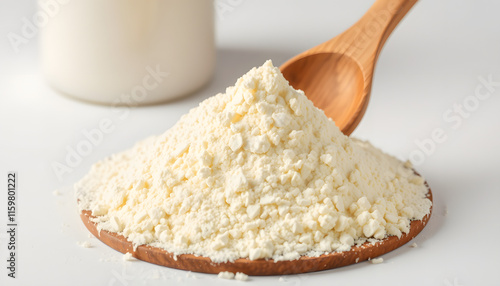 Pile of bovine colostrum powder with wooden spoon and white container on white background. Colostrum benefits for immune system and gut health concept isolated with white highlights, png