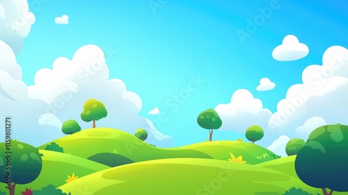Cartoon Landscape with Green Hills and Blue Sky