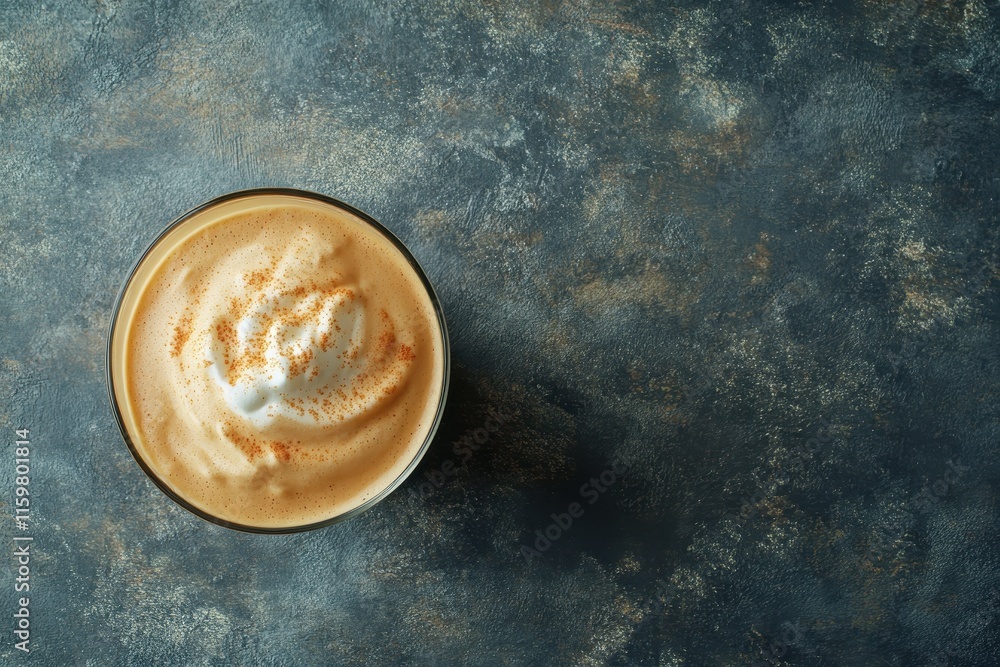 Dalgona coffee a trendy whipped coffee drink with milk popular during Covid 19 lockdowns Top view with space for text Dalgona coffee a trendy whipped coffee drink with milk popular during Covid 19 lockdowns Top view with space for text