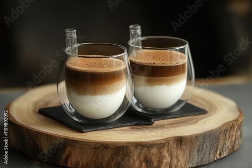 Dalgona coffee made with instant coffee sugar hot water and milk served in glass cups with straws on a wooden surface Vertical view photo