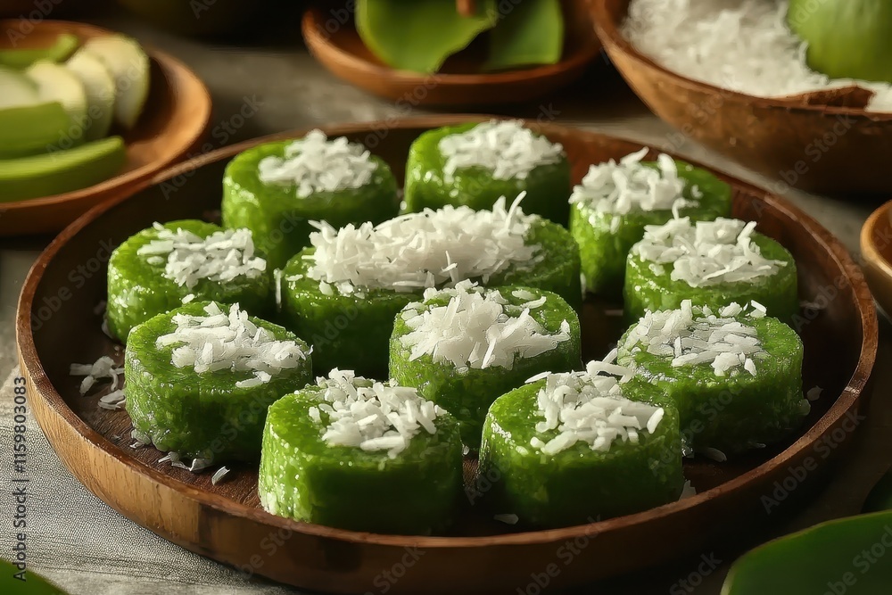 Delicious green rice cakes or Klepon garnished with coconut Delicious green rice cakes or Klepon garnished with coconut