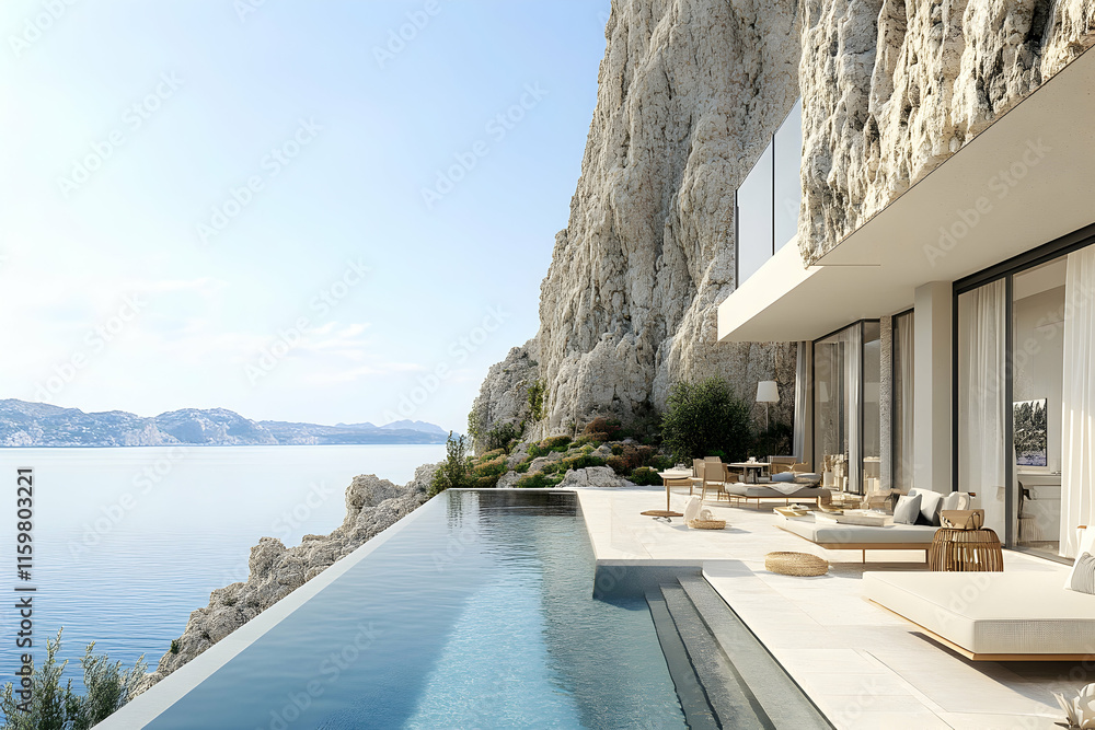 Fototapeta premium Luxurious cliffside villa with infinity pool, breathtaking sea view, modern architecture, and outdoor lounge area. Perfect for luxury travel, real estate, and lifestyle advertising.