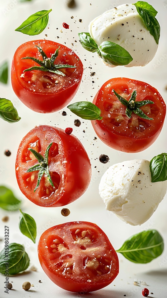 fresh tomatoes, basil leaves, and mozzarella cheese floating mid-air on a white background. fresh tomatoes, basil leaves, and mozzarella cheese floating mid-air on a white background.
