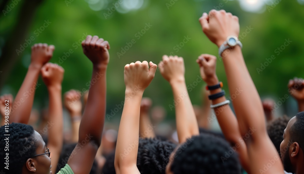Diverse group raises fists in celebration, remembrance of Juneteenth. People of different ages genders, backgrounds join together. Unity, solidarity key themes. Event commemorates historical struggle Diverse group raises fists in celebration, remembrance of Juneteenth. People of different ages genders, backgrounds join together. Unity, solidarity key themes. Event commemorates historical struggle