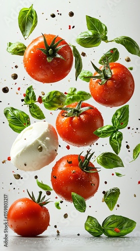 fresh tomatoes, basil leaves, and mozzarella cheese floating mid-air on a white background.