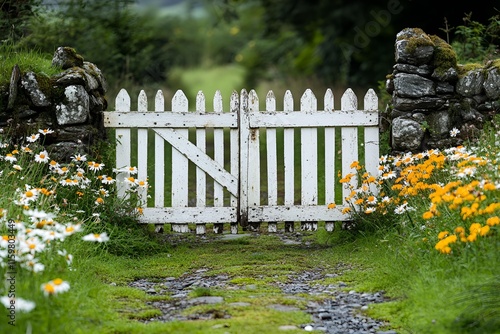 White wooden gate surrounded by lush greenery and vibrant flowers in a rustic setting photo