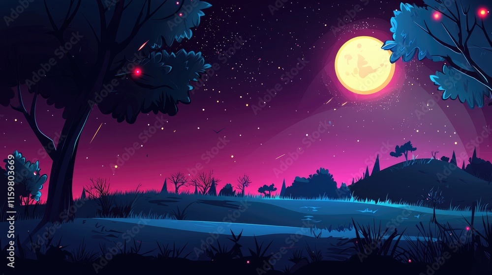 Nighttime Forest Landscape with Full Moon and Stars Nighttime Forest Landscape with Full Moon and Stars