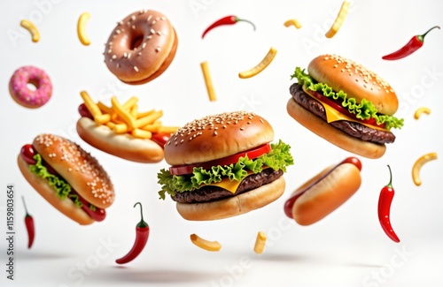 Fast food items like burgers hotdogs donuts, french fries fly in air against white background. Food isolated showing dynamic movement. No people present. Delicious, tempting fast food concept. photo