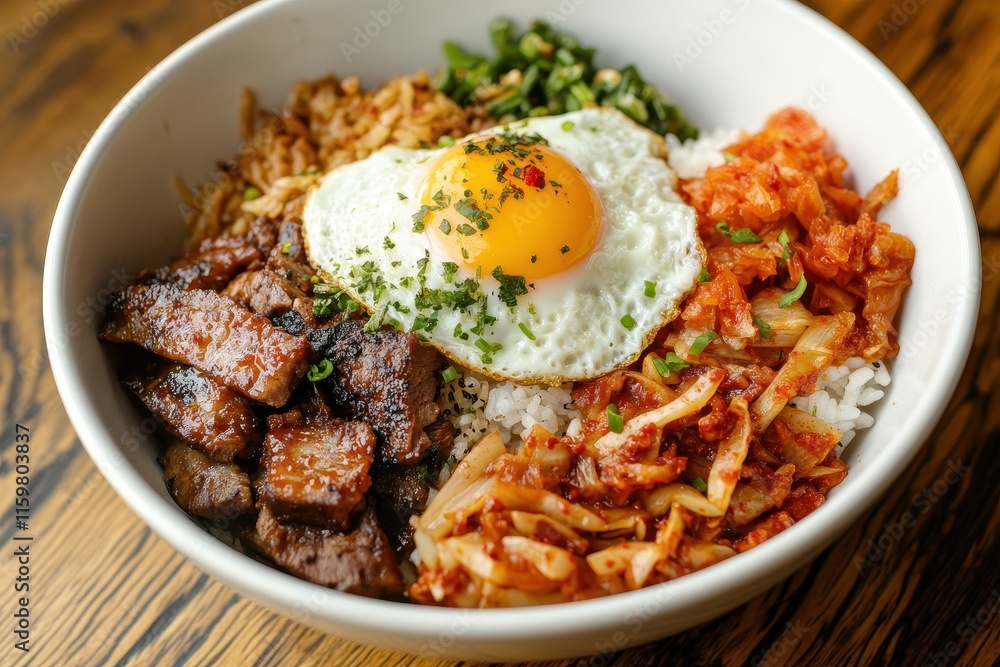 Elevated perspective of Korean bibimbap with bulgogi kimchi and an extra fried egg Elevated perspective of Korean bibimbap with bulgogi kimchi and an extra fried egg