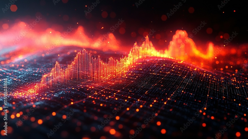 Fototapeta premium Abstract Digital Landscape With Fiery Red Data Graph