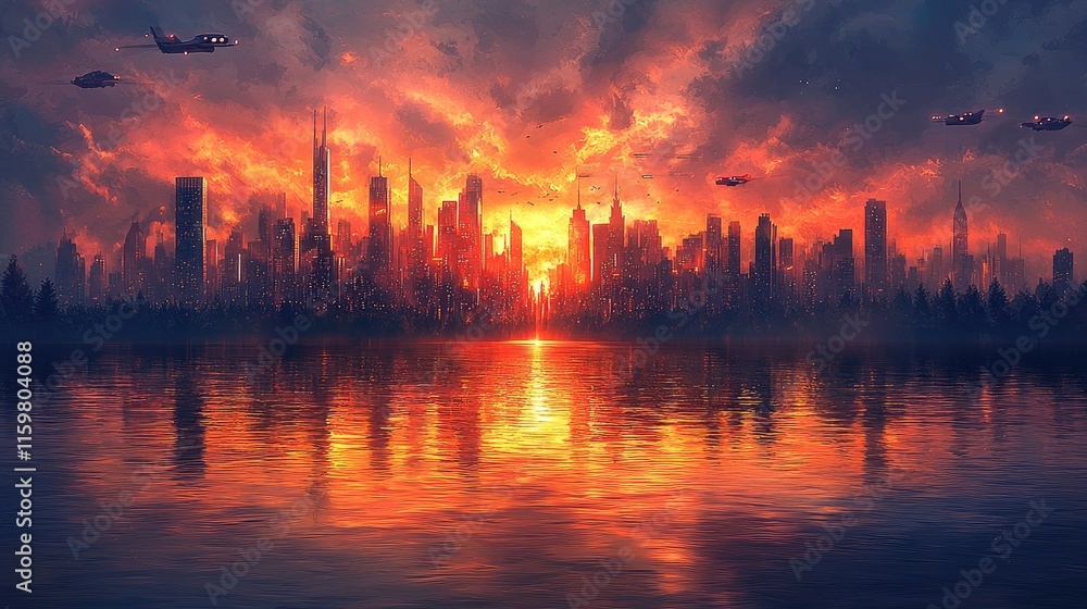Fototapeta premium A vibrant sunset over a futuristic cityscape reflected in water.