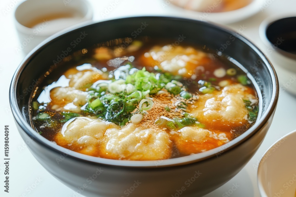 Eomukguk a favored Korean street food features fish cake and spicy gochujang presented on a white table Eomukguk a favored Korean street food features fish cake and spicy gochujang presented on a white table