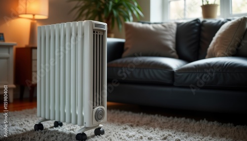 Wallpaper Mural Stylish white electric oil-filled radiator heater stands on fluffy carpet in cozy living room. Modern home appliance provides warmth, comfort. Radiator placed near dark leather couch. Indoor scene. Torontodigital.ca