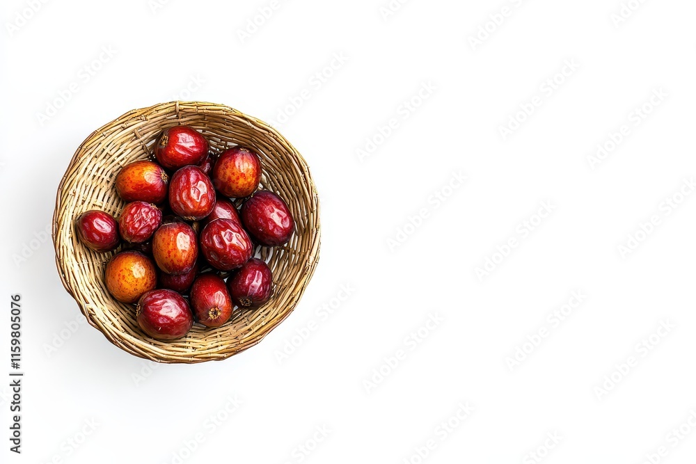 Obraz premium Flat lay of a wicker basket containing jujubes on a white background with room for your text