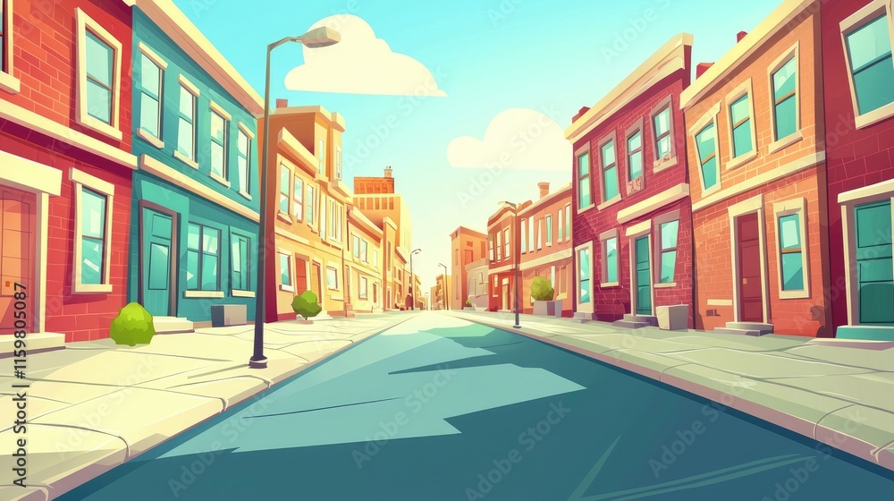 A cartoon depiction of a city street with colorful buildings and a blue sky. A cartoon depiction of a city street with colorful buildings and a blue sky.