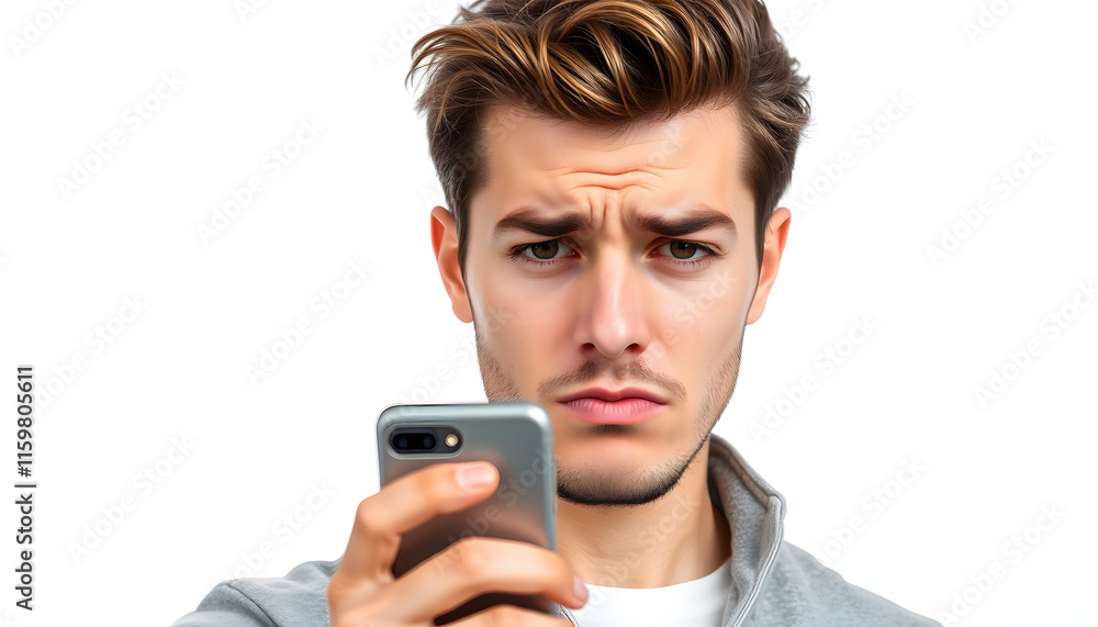 Young caucasian man using mobile phone isolated on white background with sad expression isolated with white highlights, png Young caucasian man using mobile phone isolated on white background with sad expression isolated with white highlights, png
