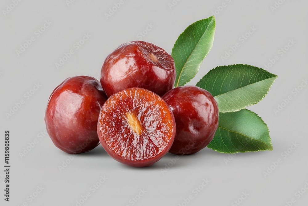 Fresh jujube fruit with leaves isolated and sliced Fresh jujube fruit with leaves isolated and sliced