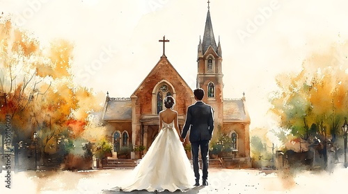 Watercolor painting of groom bride standing handinhand bride flowing white dress groom classic suit set against backdrop of Catholic church church softly painted delicate detail of stained glass photo