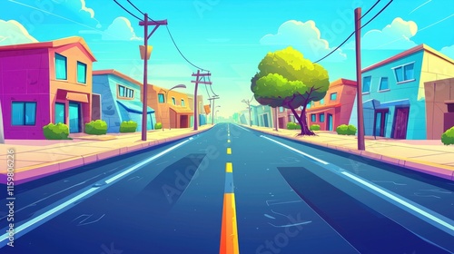 A cartoon cityscape featuring a long, straight road lined with colorful buildings, a tree, and a bright blue sky.