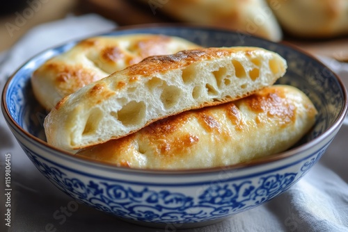 Halved cakwe served in a bowl photo