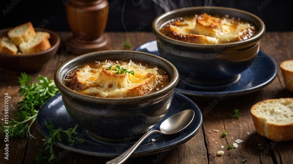 Two bowls of French onion soup with toasted bread and herbs on a rustic wooden table. Two bowls of French onion soup with toasted bread and herbs on a rustic wooden table.