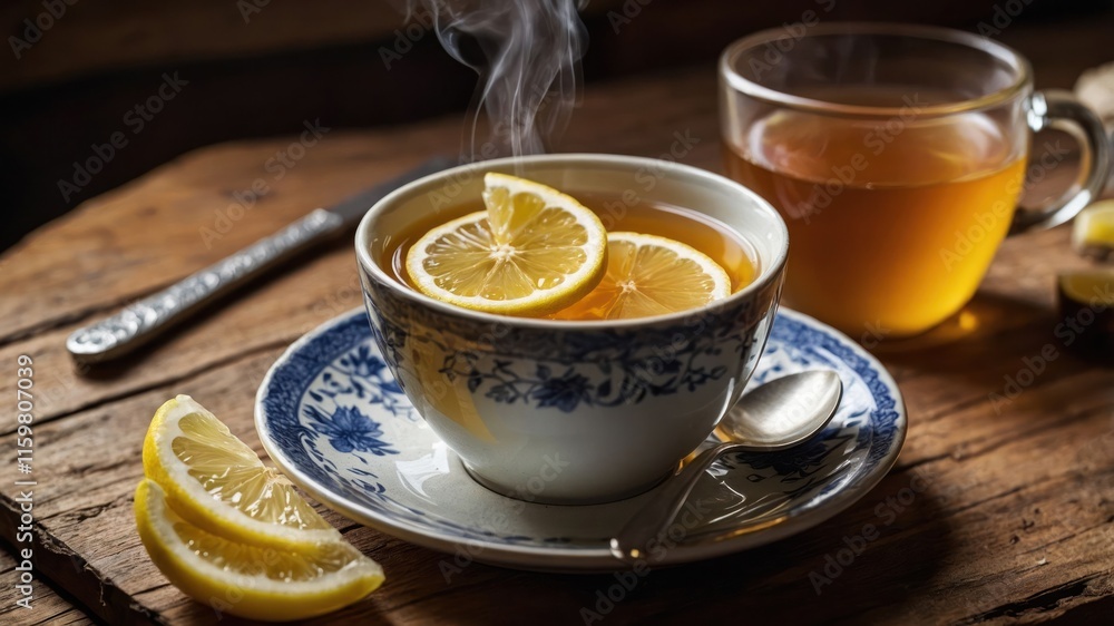 A steaming cup of lemon tea on a rustic wooden table, inviting warmth and comfort. A steaming cup of lemon tea on a rustic wooden table, inviting warmth and comfort.