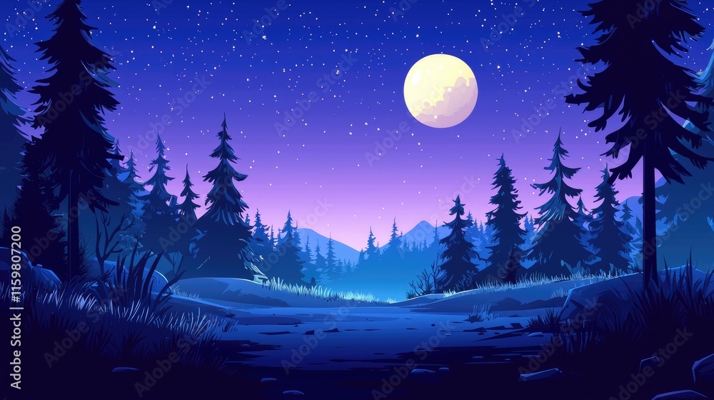 Fototapeta premium A Silhouetted Forest Under a Full Moon and Starry Night Sky