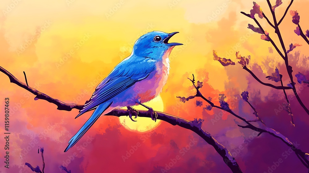 A vibrant bluebird perched on a branch against a colorful sunset backdrop. A vibrant bluebird perched on a branch against a colorful sunset backdrop.